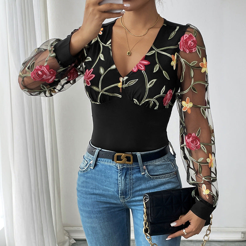 Floral Embroidered Bodysuit with Sheer Long Sleeves