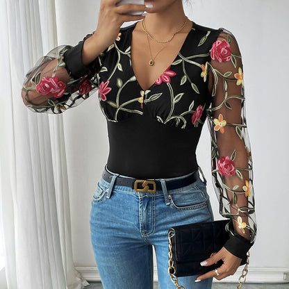 Floral Embroidered Bodysuit with Sheer Long Sleeves