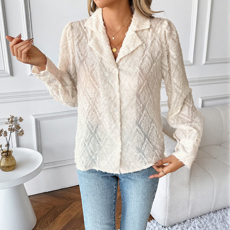 Textured Jacquard Blouse with Suit Collar and Button Front