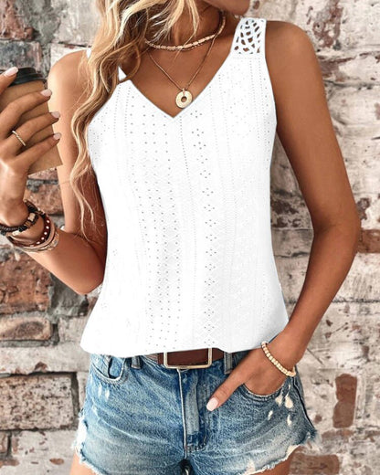 Solid V-Neck Tank Top with Crochet Lace Back
