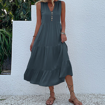 Solid A-Line Tiered Midi Dress with V-Neck and Sleeveless
