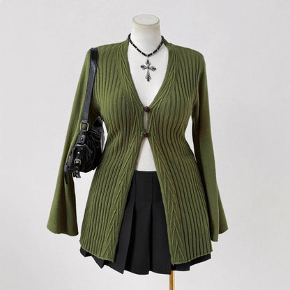 Ribbed Knit Cardigan with Flared Sleeves and Button Front