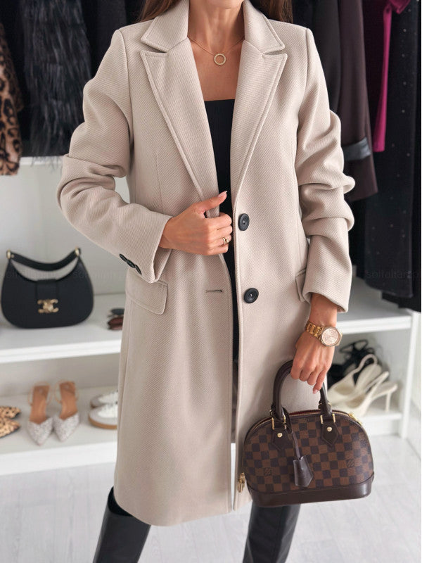 Solid Long Coat with Notched Lapel