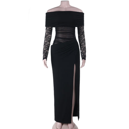 Off-the-Shoulder Bodycon Maxi Dress with Mesh Midriff and Slit