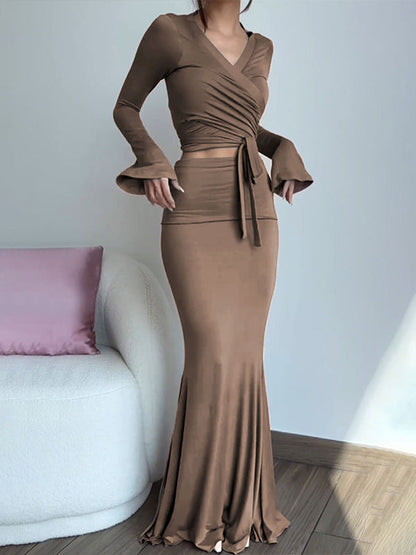 Solid Two-Piece Set with Wrap Top and Mermaid Maxi Skirt