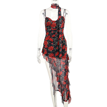 Floral Bodycon Dress with Ruffled Asymmetrical Hem