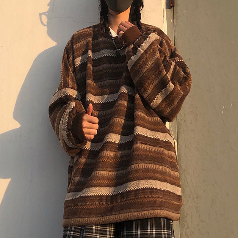 Oversized Striped Pullover Sweater with Round Neck