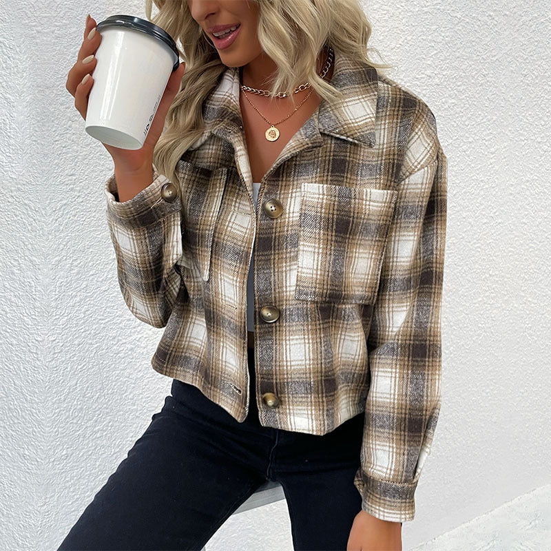 Plaid Cropped Shacket with Button Front and Lapel Collar