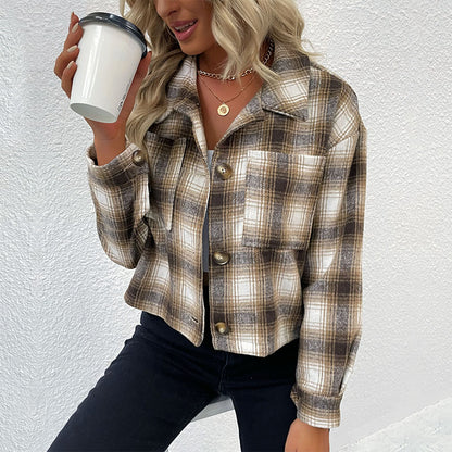 Plaid Cropped Shacket with Button Front and Lapel Collar