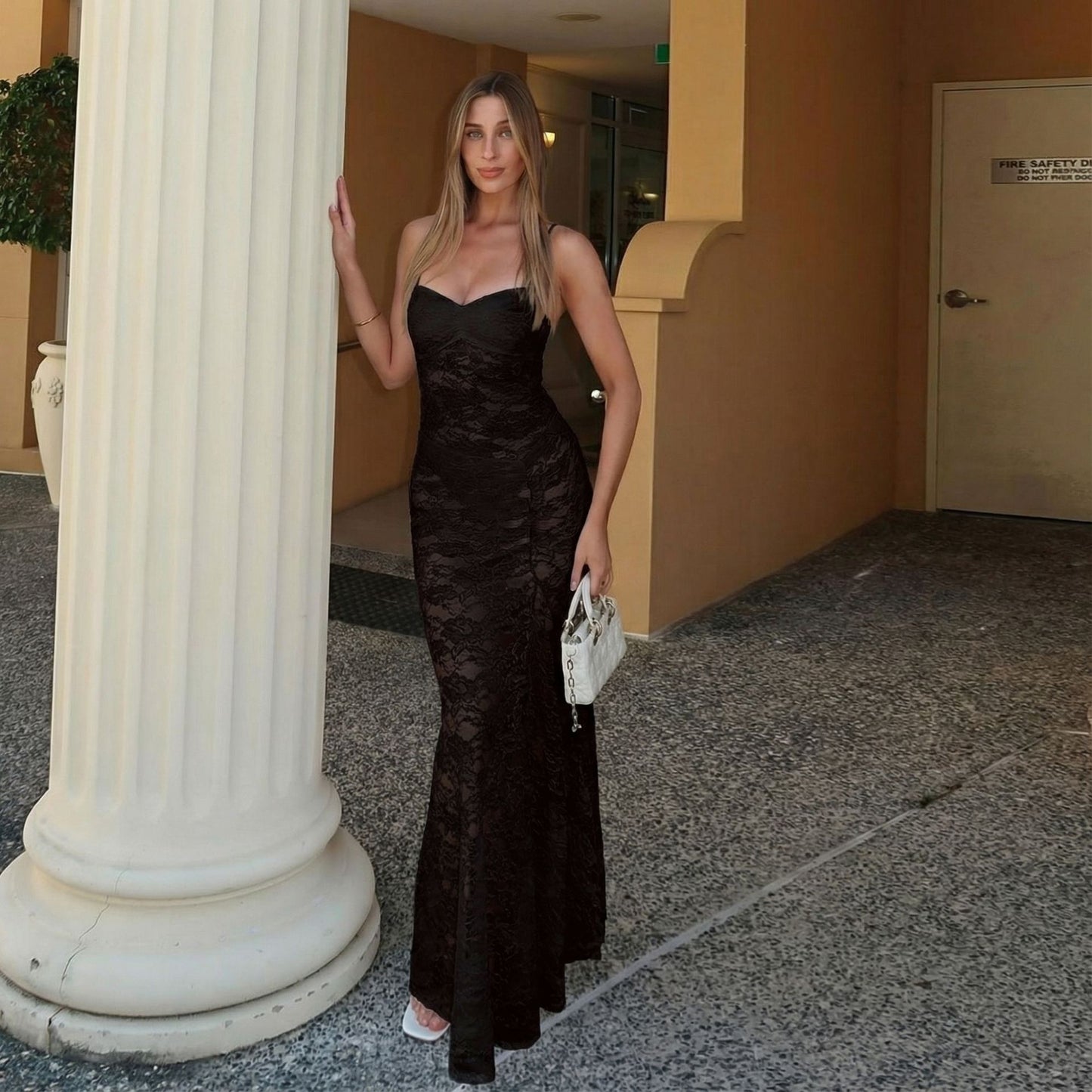 Sheer Lace Bodycon Maxi Dress with Sweetheart Neckline