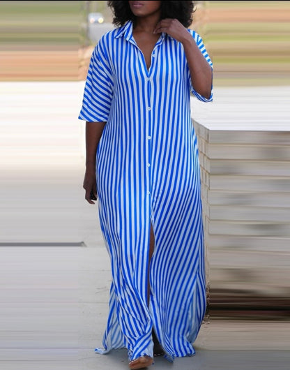 Striped Button-Front Maxi Shirt Dress with V-Neck