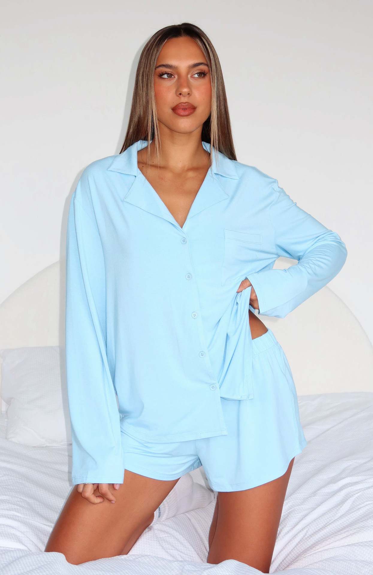 Long Sleeve Pajama Set with Notched Collar and Shorts