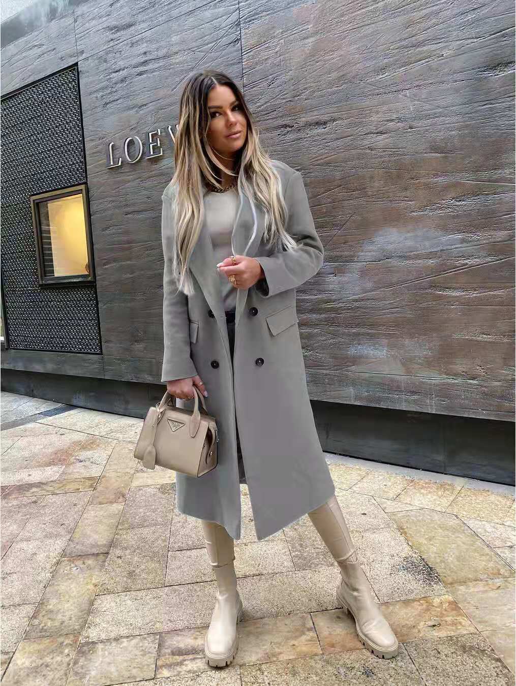 Solid Double-Breasted Midi Coat with Notched Lapel
