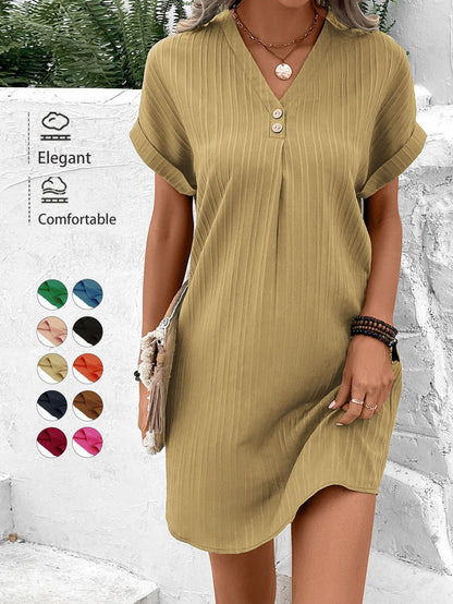 Ribbed A-Line Mini Dress with V-Neck and Button Detail