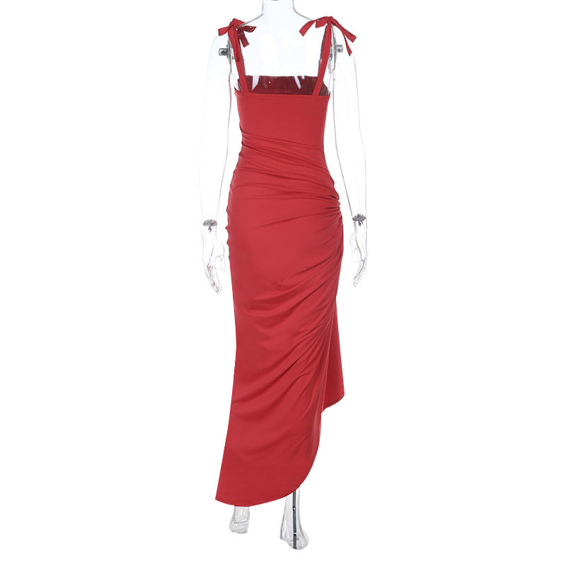 Red Corset Maxi Dress with High Slit and Tie Straps