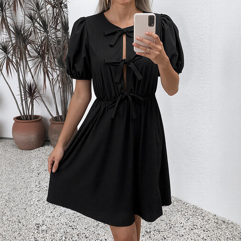 Striped A-Line Dress with Puff Sleeves and Bow Front