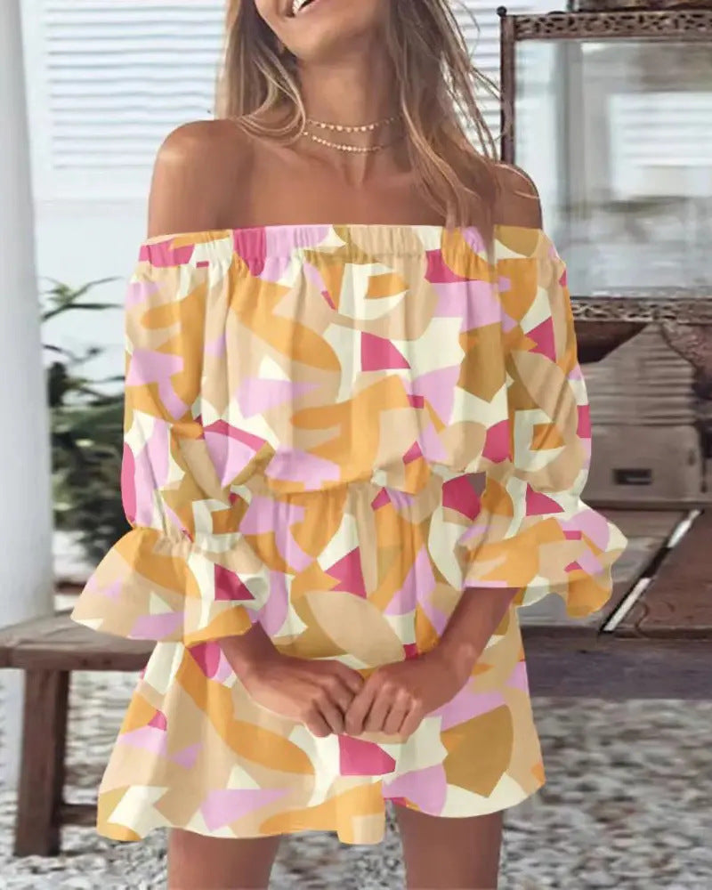 Printed Off-Shoulder Mini Dress with Elasticated Waist