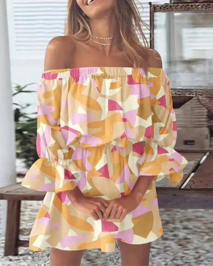 Printed Off-Shoulder Mini Dress with Elasticated Waist