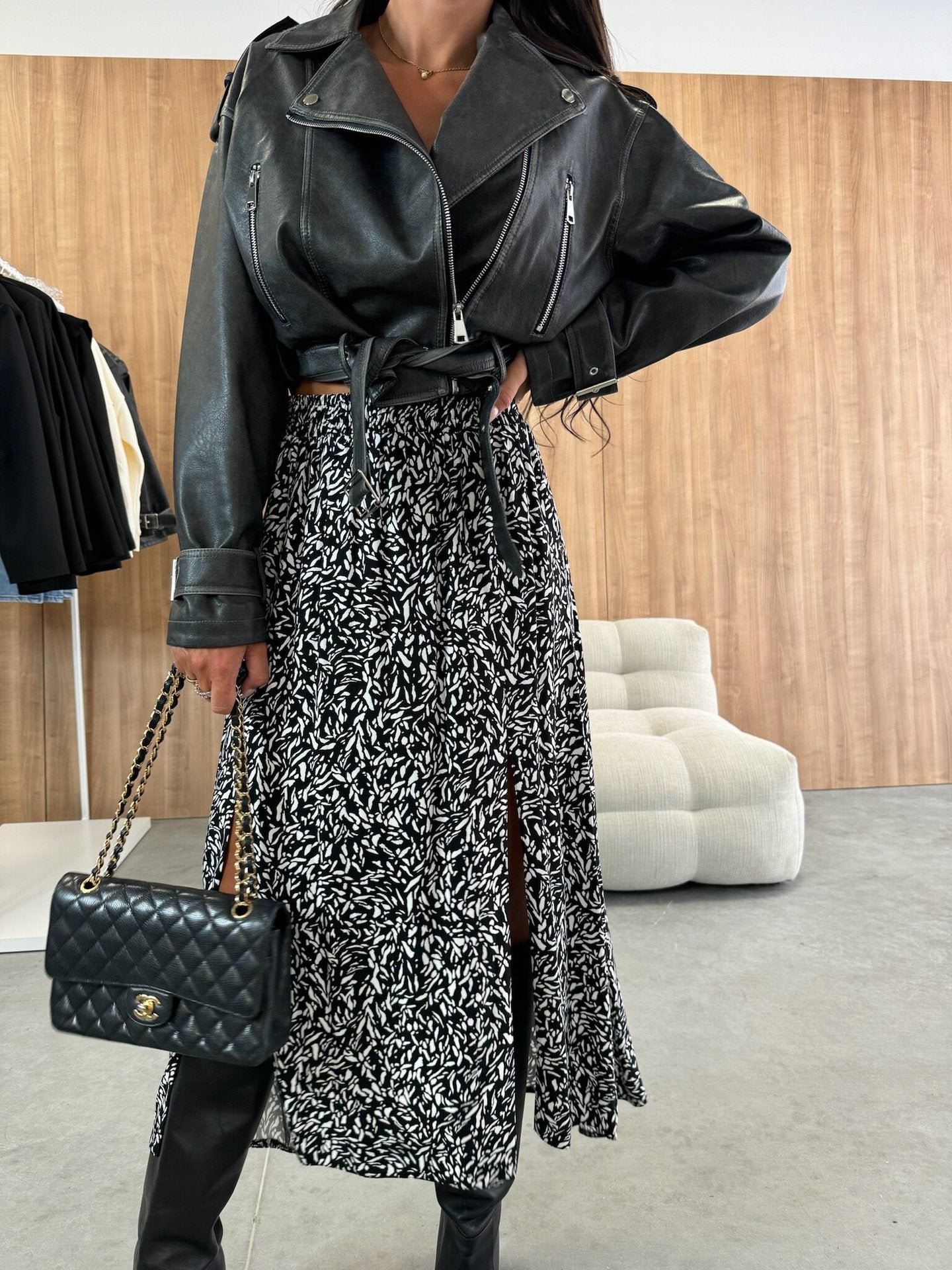 Printed A-Line Long Skirt with High-Waist and Side Split