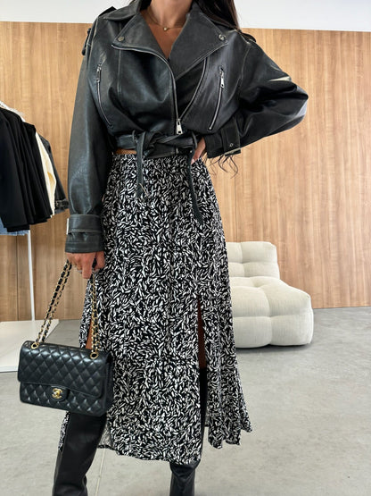 Printed A-Line Long Skirt with High-Waist and Side Split