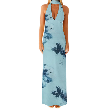 Halter Sheath Maxi Dress with Choker Collar and V-Neck