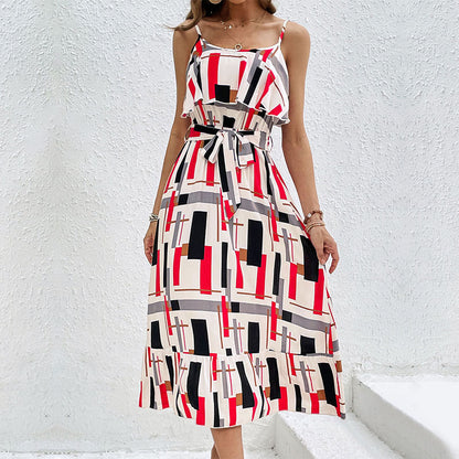 Geometric Print Midi Dress with Ruffled Bodice and Tie-Waist