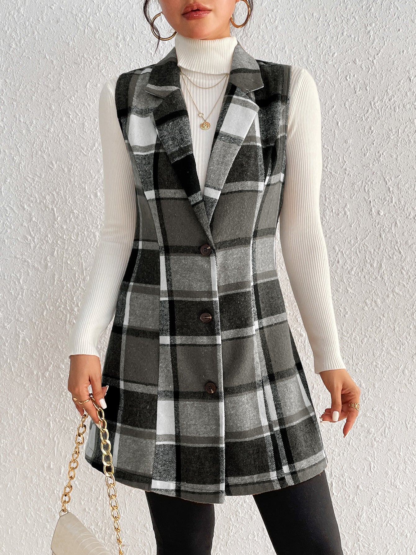 Slim Fit Plaid Vest with Notched Lapel and Button Front