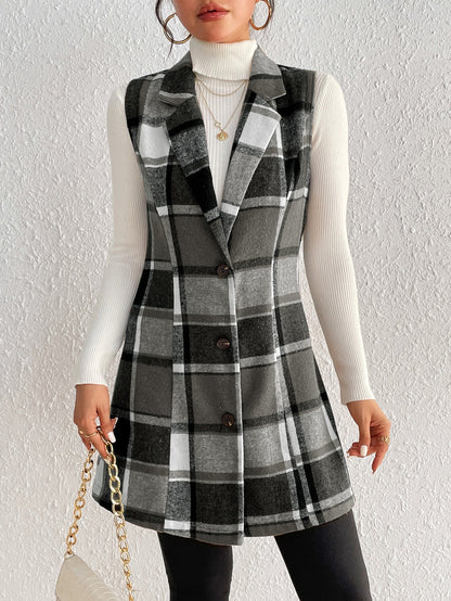 Slim Fit Plaid Vest with Notched Lapel and Button Front
