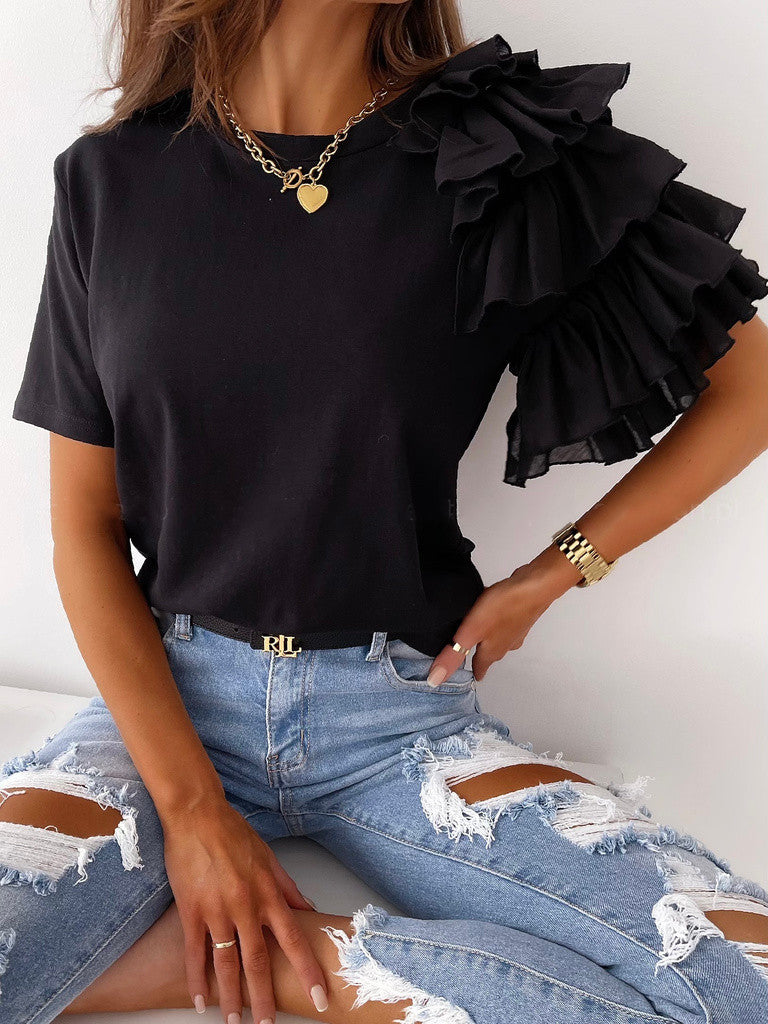 Solid Crewneck T-Shirt with Ruffled Short Sleeves