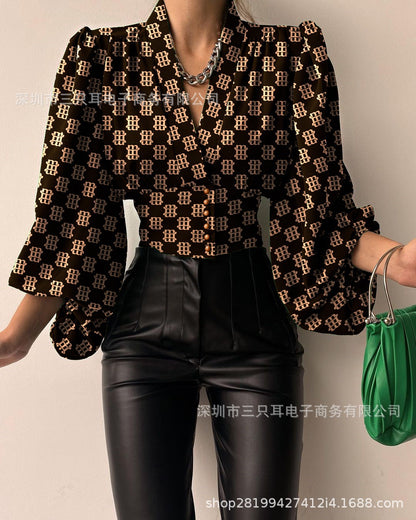 Solid Blouse with V-Neck, Lantern Sleeves, and Button-Front Waist