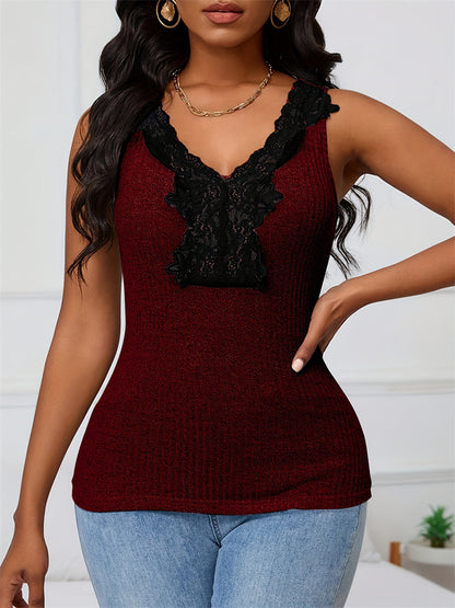 Slim Ribbed Knit Tank Top with Lace V-Neck