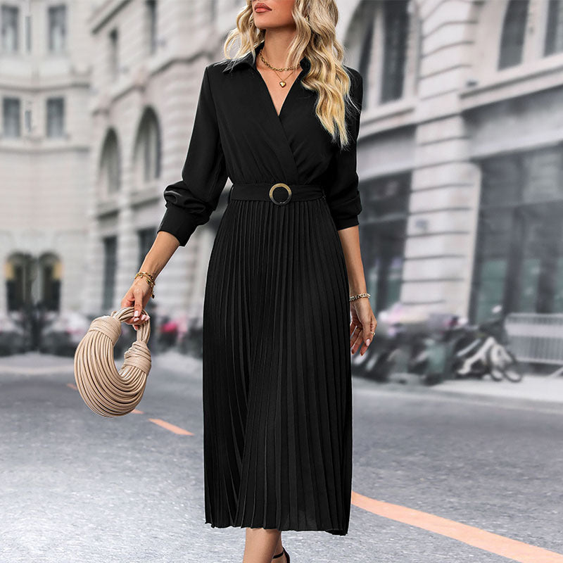Solid Wrap Midi Dress with Lapel V-Neck and Pleated Skirt