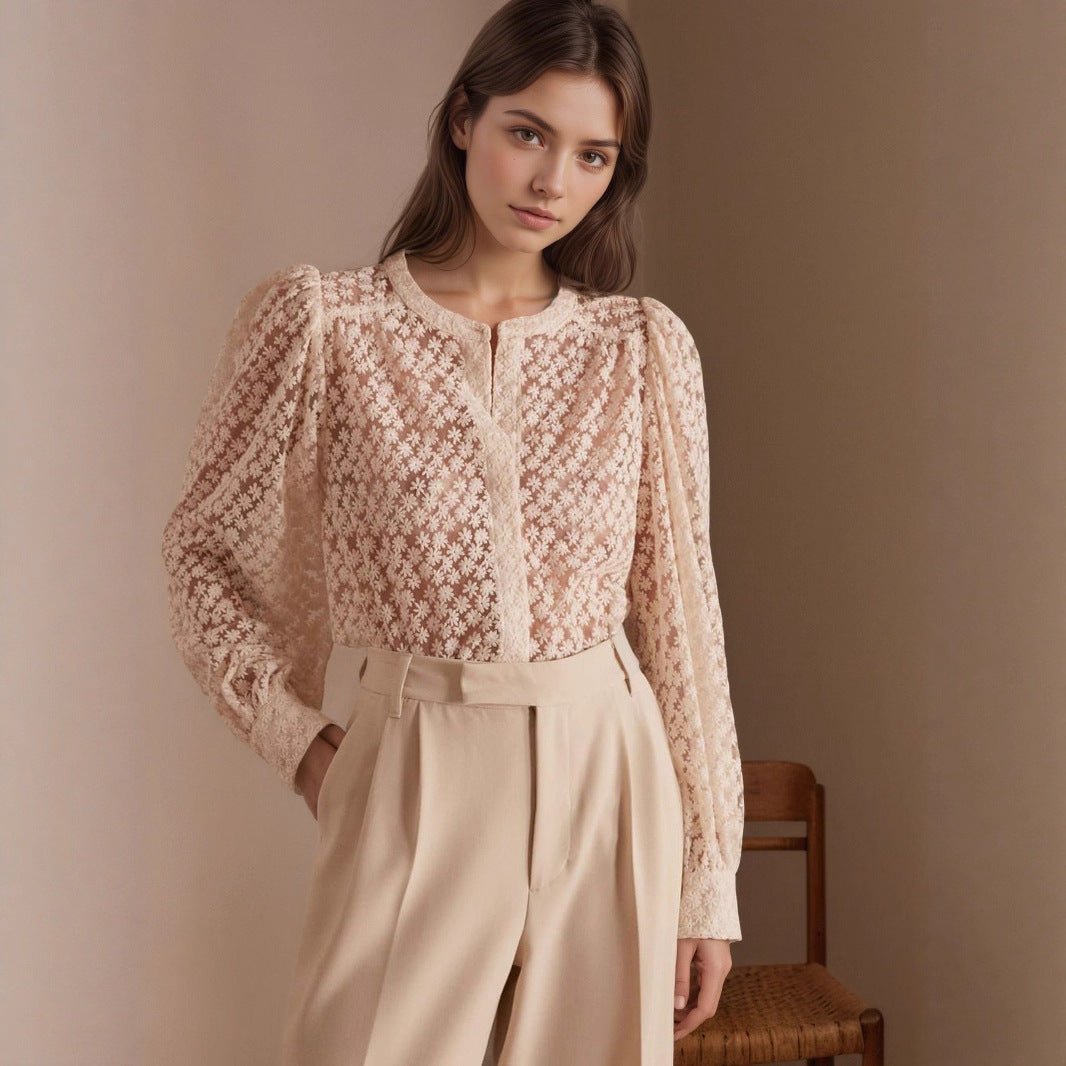 Floral Cut-Out Blouse with Round Neck and Long Sleeves