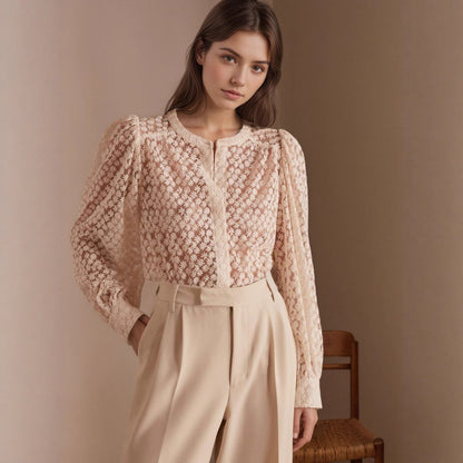 Floral Cut-Out Blouse with Round Neck and Long Sleeves