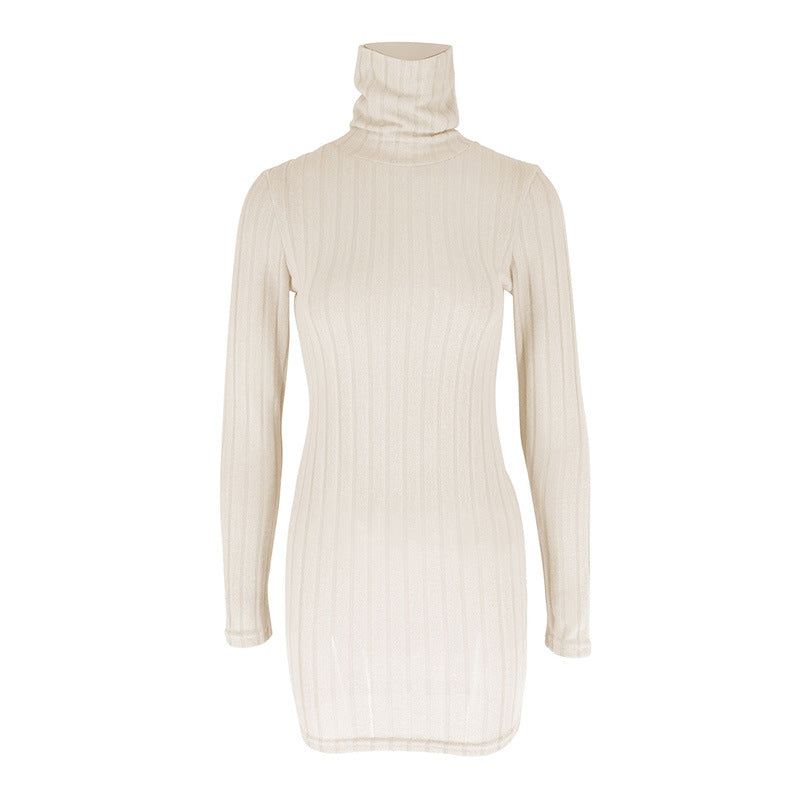 Ribbed Bodycon Mini Dress with High Neck and Long Sleeves