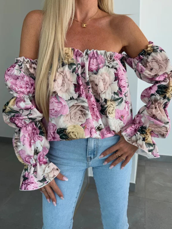 Floral Print Blouse with Off-Shoulder and Ruffled Sleeves