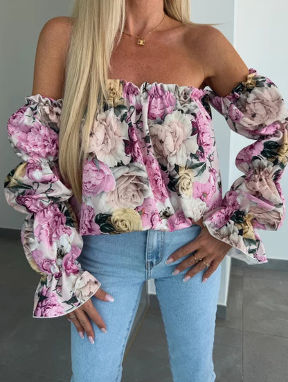 Floral Print Blouse with Off-Shoulder and Ruffled Sleeves