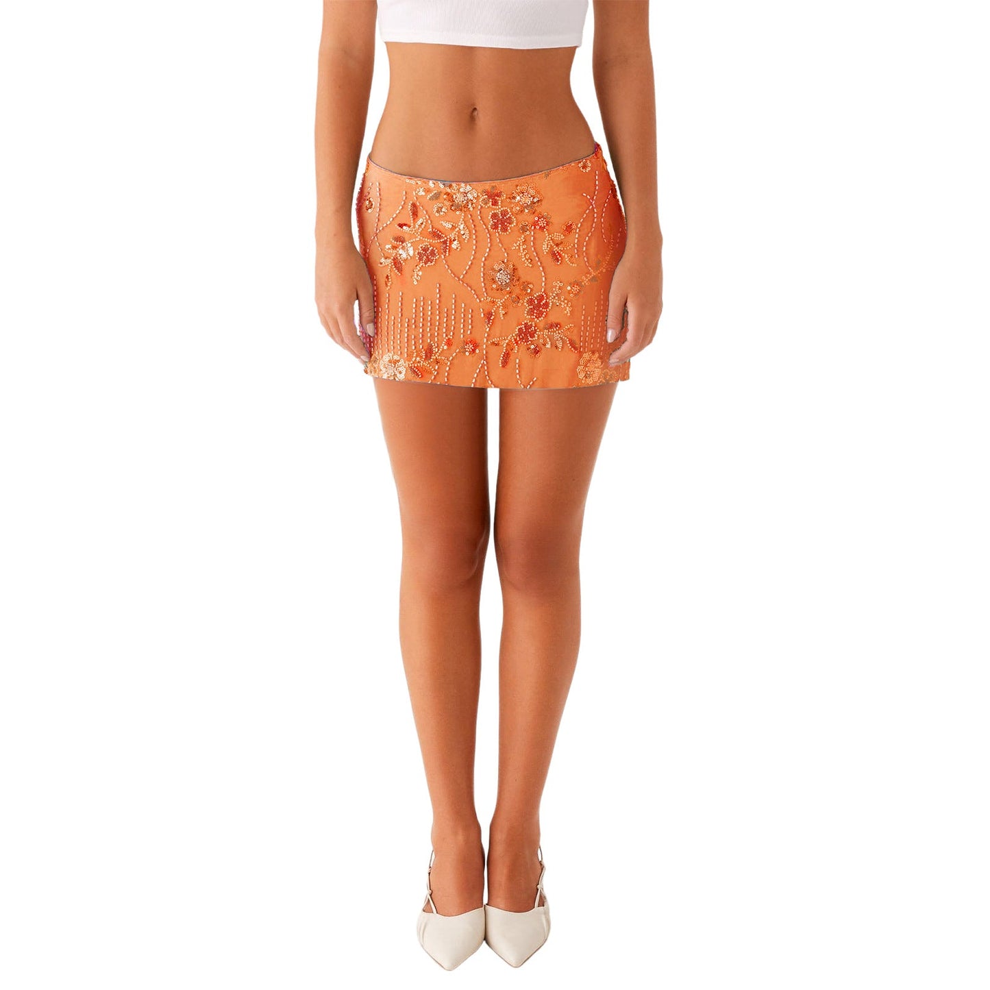 Low-Rise Mini Skirt with Floral Beading and Sequins