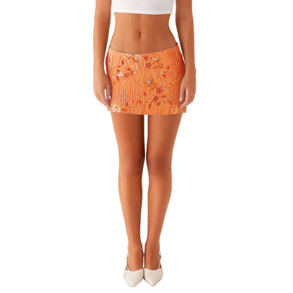 Low-Rise Mini Skirt with Floral Beading and Sequins