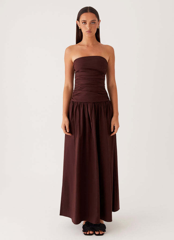 Strapless Ruched Maxi Dress with Dropped Waist