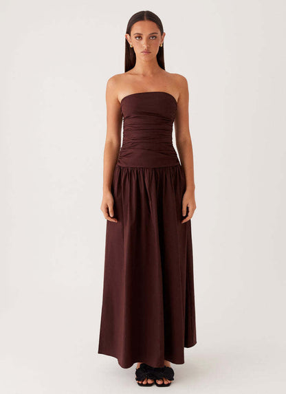 Strapless Ruched Maxi Dress with Dropped Waist
