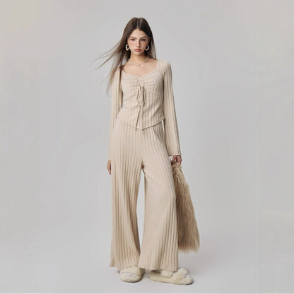 Ribbed Knit Two-Piece Set with Tie-Front Top and Wide-Leg Pants