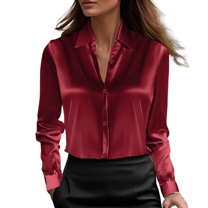 Solid Satin-Finish Button-Down Blouse with Lapel