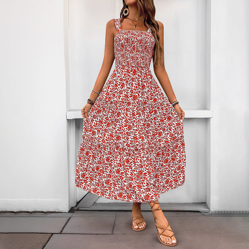 Floral Print A-Line Maxi Dress with Smocked Bodice