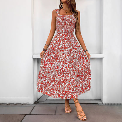 Floral Print A-Line Maxi Dress with Smocked Bodice