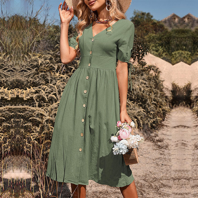 Solid Color A-Line Midi Dress with V-Neck, Button Front, and Tie Sleeves