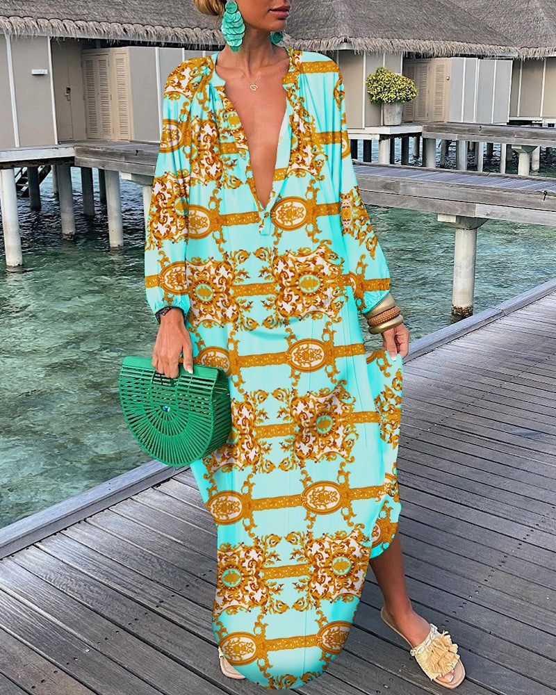 Abstract Print Maxi Dress with V-Neck and Long Sleeves