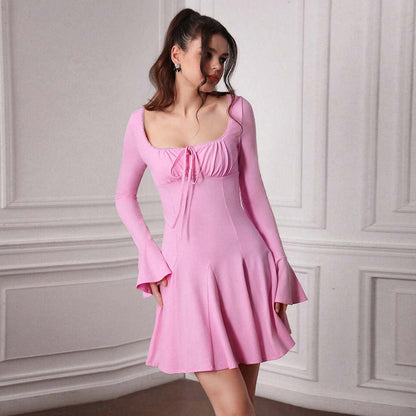 Solid A-Line Mini Dress with Bell Sleeves and Square Neck