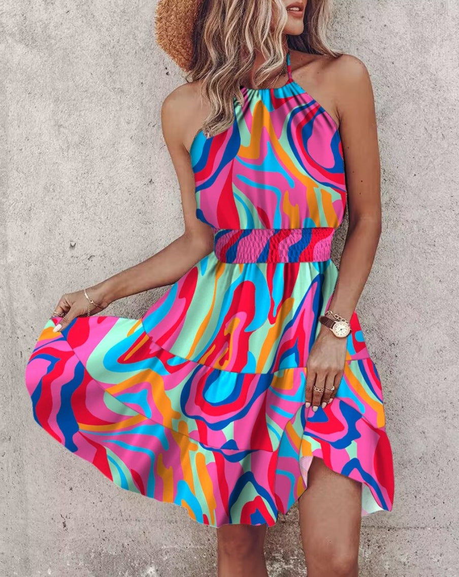 Vibrant Printed Dress with Halter Neck and Smocked Waist