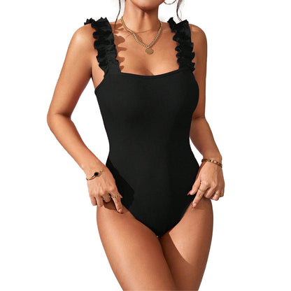 Ribbed Knit Bodysuit with Ruffle Straps and Square Neck